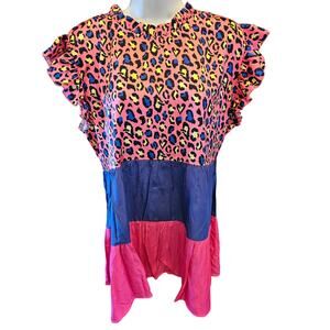 Sunshine and rodeo L colorblock leapord bright relaxed fit frill blouse top EUC^
